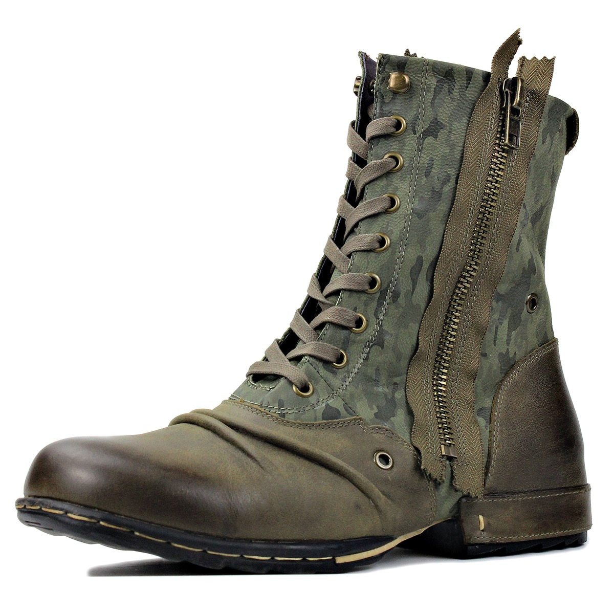 Wiipop Military Genuine Leather Zipper-up High Top Ankle Boots