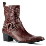 Leather Crocodile Prints Western Cowboy Boots with Side Zipper Belt Buckle Heel Dress Boots