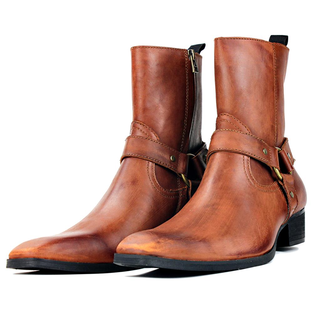 Leather Chukka Motorcycle Boots with Side Zipper Heel Retro Dress Boots